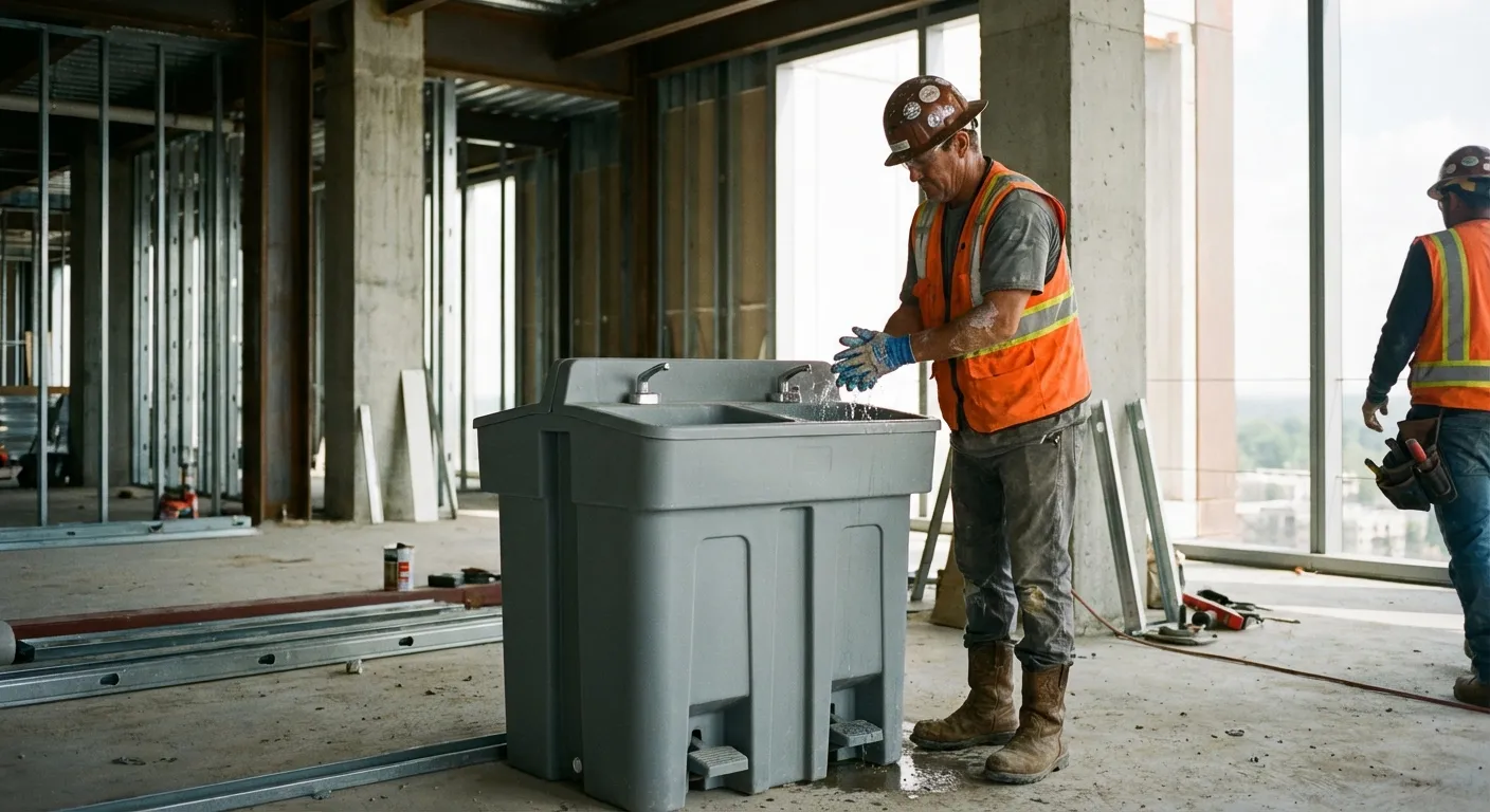 A dual-basin hand wash station positioned on a concrete floor of a high-rise construction site with the city skyline visible through open steel framing. in League City, TX