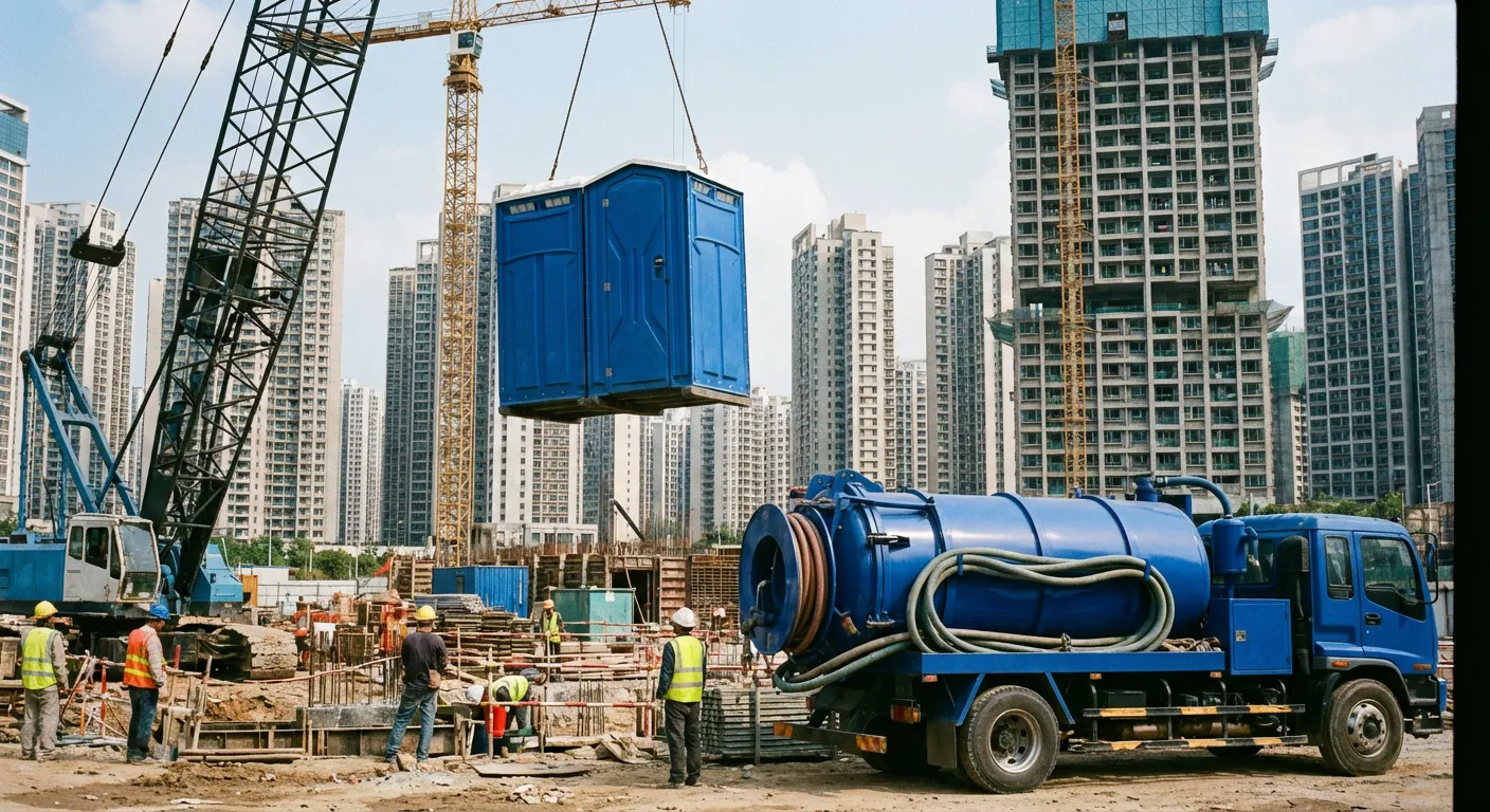 A High-Rise Crane Liftable Toilet unit suspended in mid-air by a crane against a city skyline during the day, showcasing the steel sling attachment. in League City, TX
