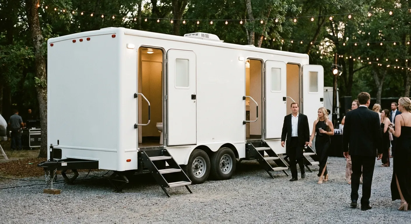 Exterior of a Luxury Restroom Trailer at an evening event, warm lighting spilling from the door, positioned discreetly near a manicured lawn. in League City, TX