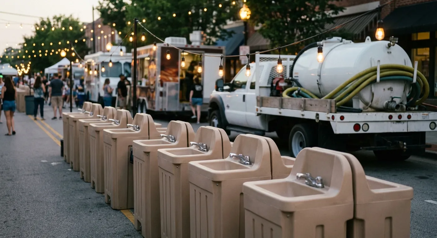 A row of clean, grey portable hand wash stations set up on pavement near food trucks, with blurred festival lights and crowd in the background. in League City, TX