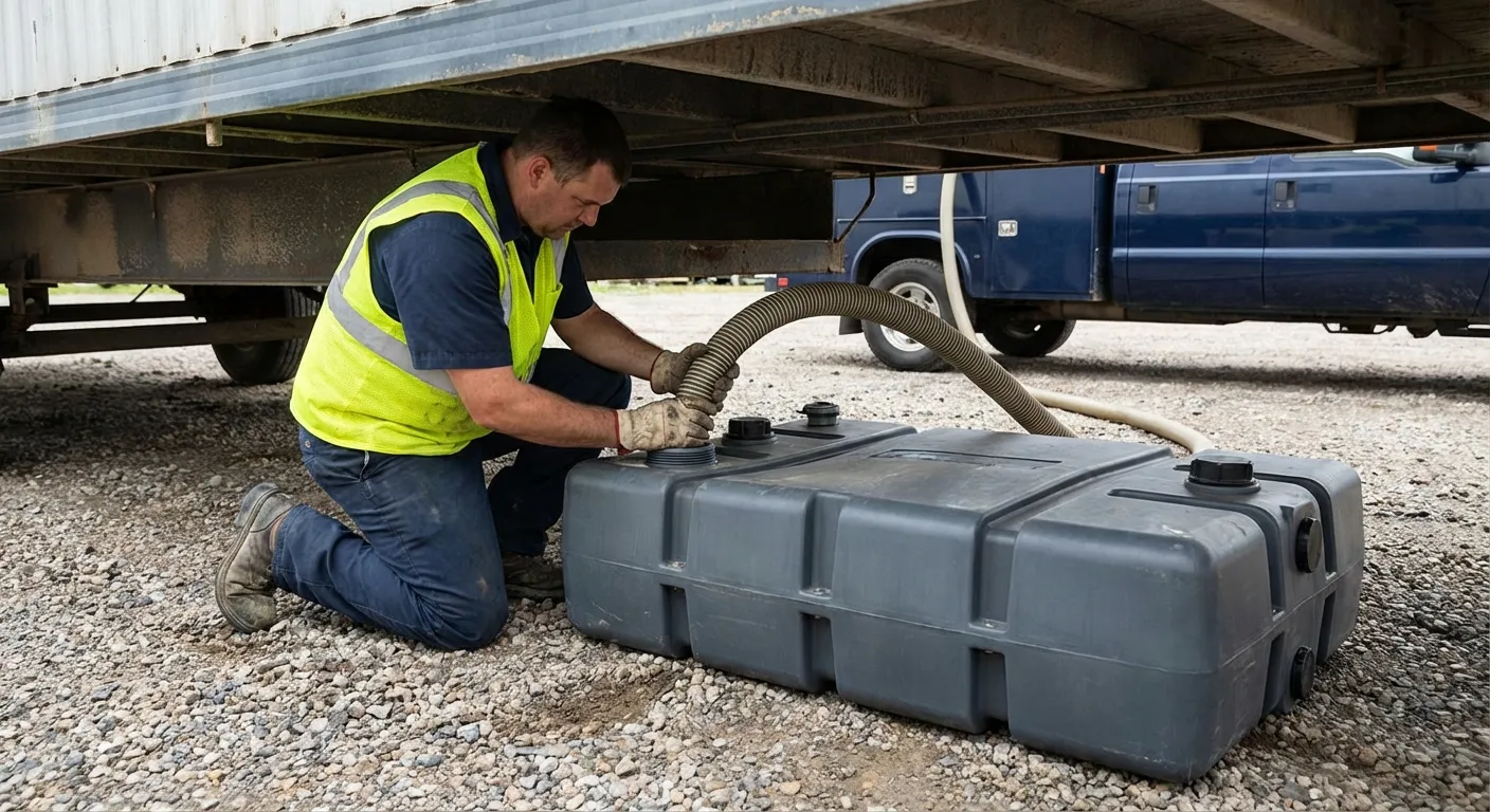 Live Oak Portable Restrooms vacuum truck servicing a waste holding tank at a construction site in League City, TX