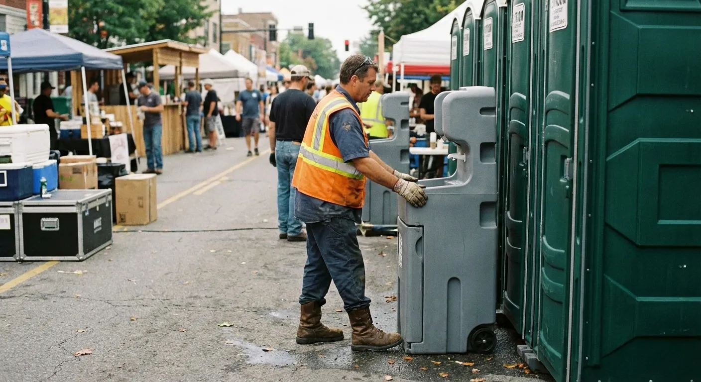 A row of pristine Special Event Portable Restrooms and hand wash stations lined up along a festival barrier with blurred crowds in the background. in League City, TX