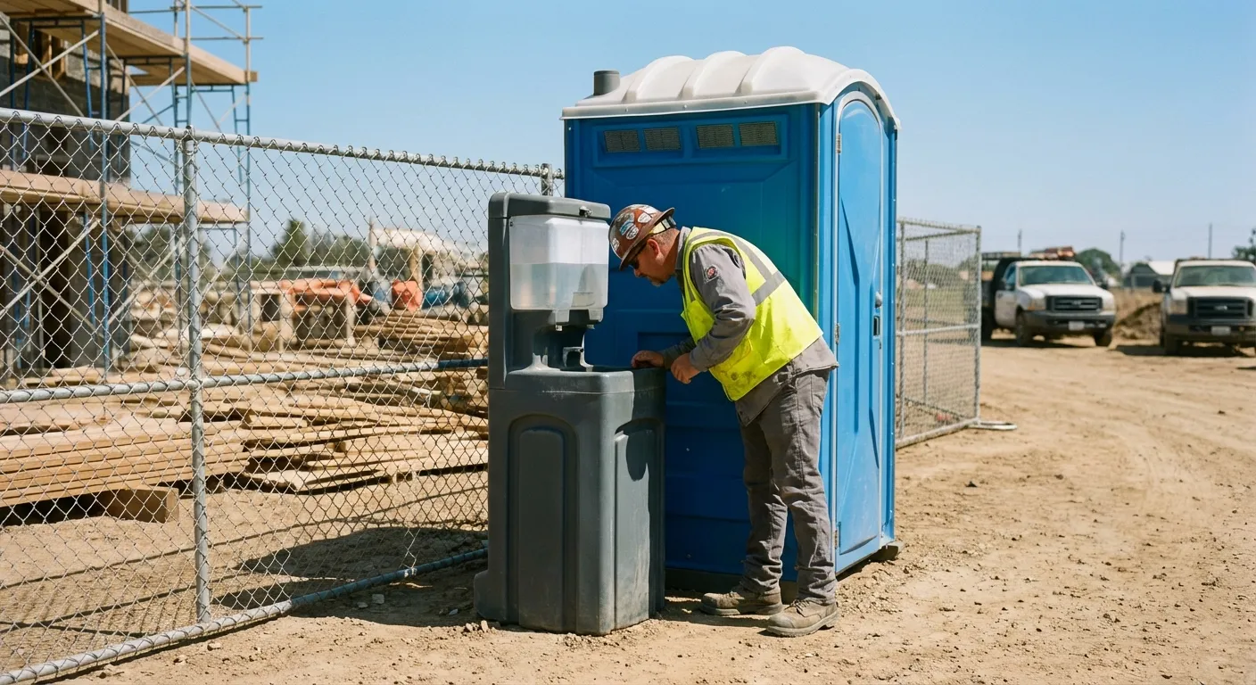 A close-up view of a portable hand wash station next to a portable toilet on a dirt construction site, focusing on the foot pump mechanism. in League City, TX