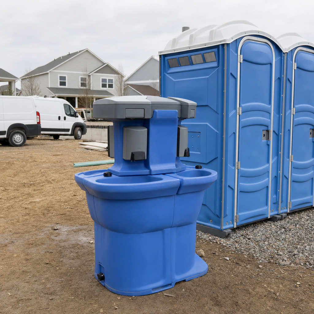 Royal blue and white portable handwashing station with dual basins placed beside porta potties on a clean jobsite in daylight