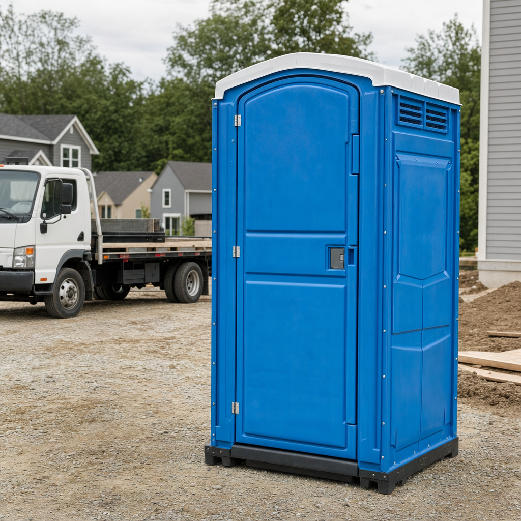 Delivery driver positioning a clean royal-blue portable toilet on level ground at a League City worksite