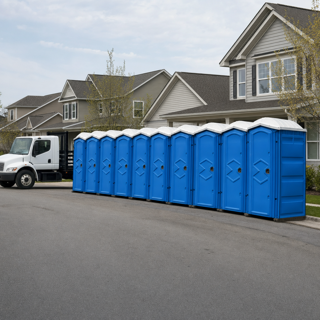 Royal blue portable toilets staged in a tidy row at a League City jobsite, ready for delivery
